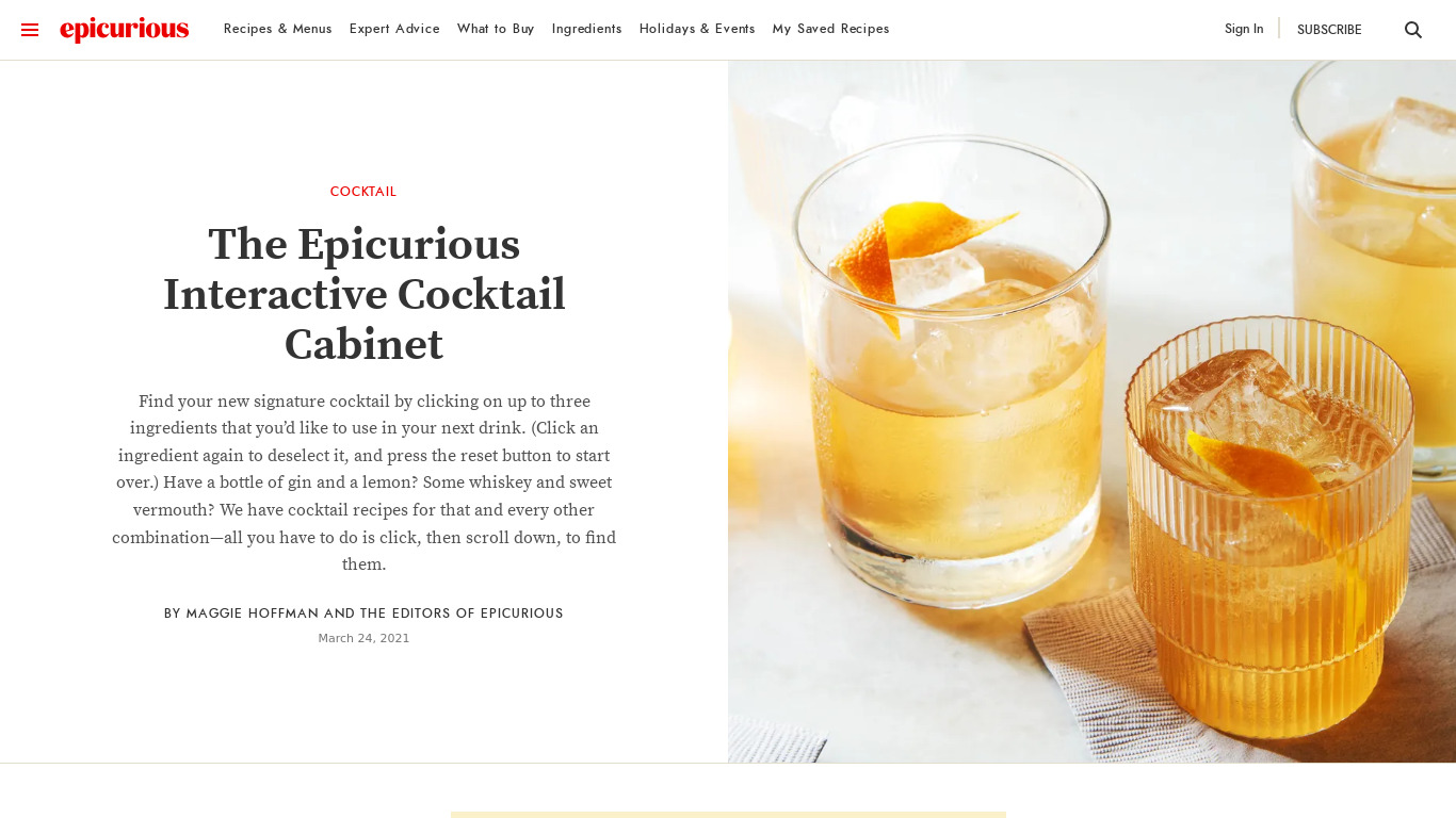 Epicurious Interactive Cocktail Cabinet Landing page