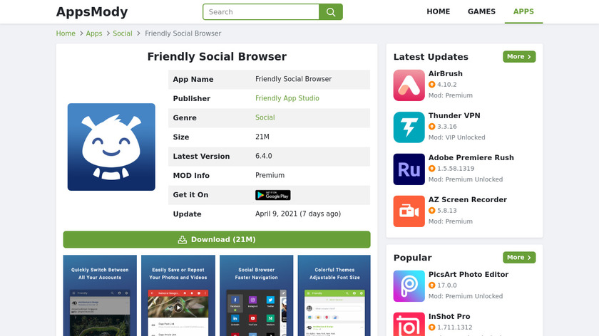 appsmody.com Friendly Social Browser Landing Page