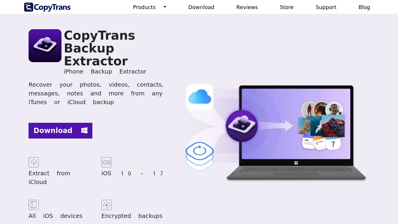 CopyTrans Backup Extractor Landing page