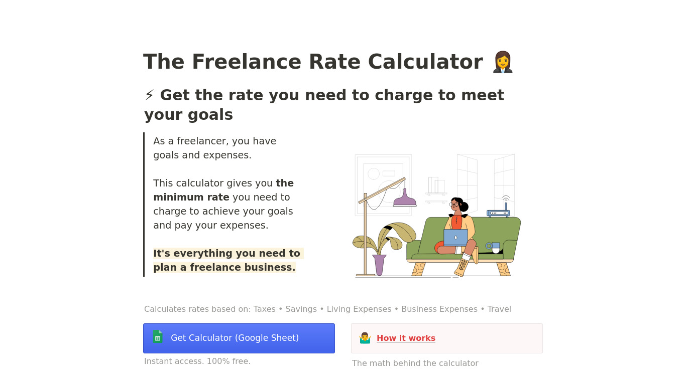 The Freelance Rate Calculator Landing page