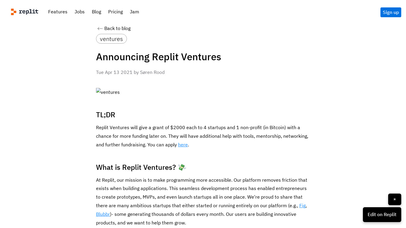 Replit Ventures Landing page