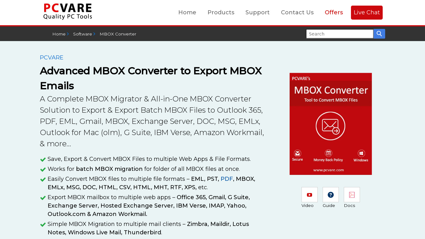 PCVARE MBOX Converter Landing page