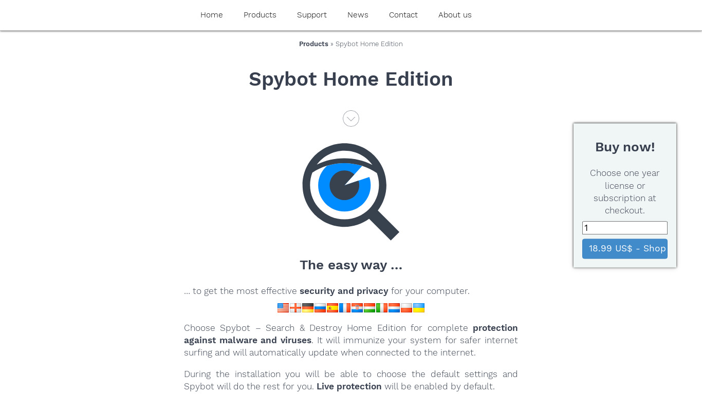Spybot Home Edition Landing page