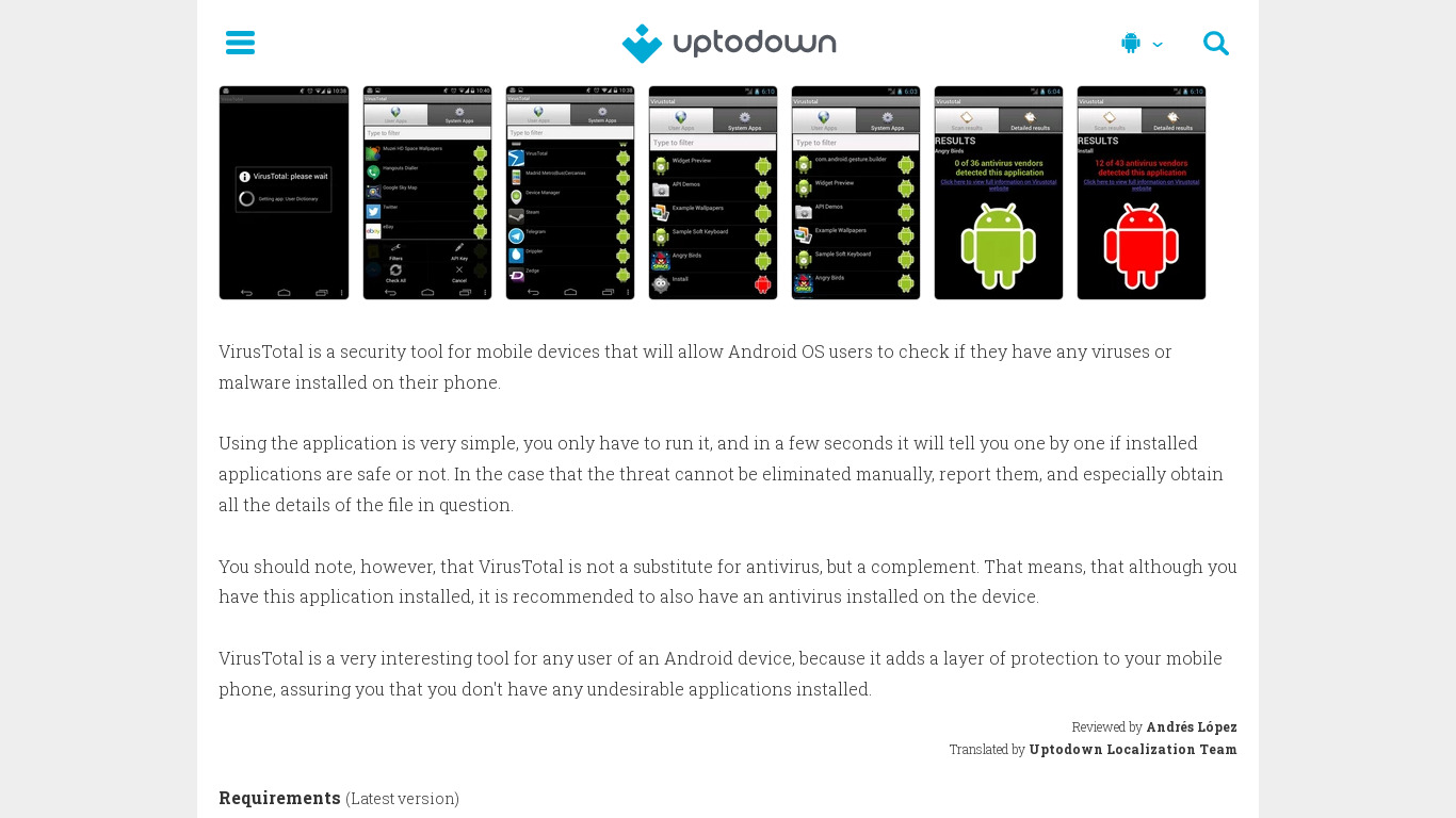 VirusTotal Uploader for Android Landing page