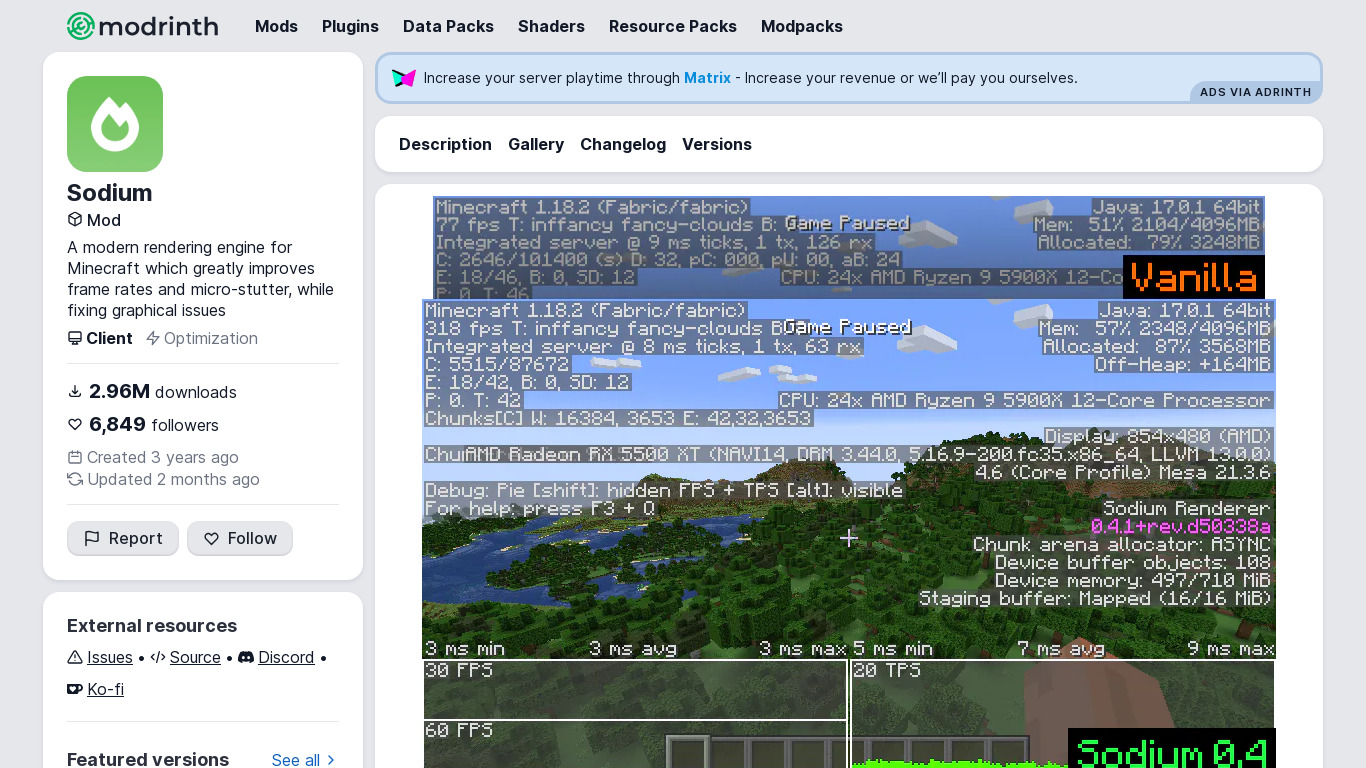 Sodium Minecraft Mod Landing page