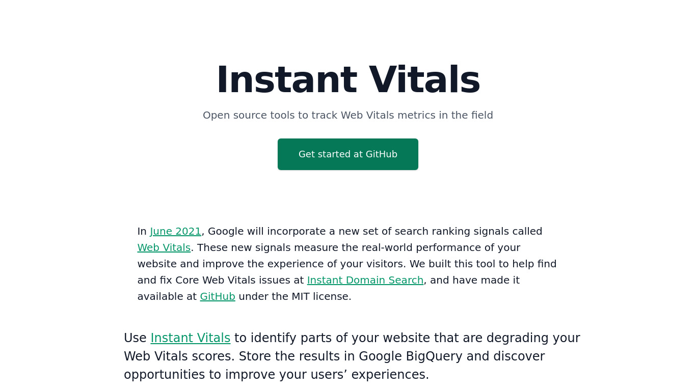 Instant Vitals Landing page