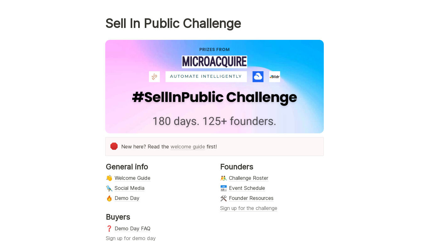 Sell In Public Challenge Landing page