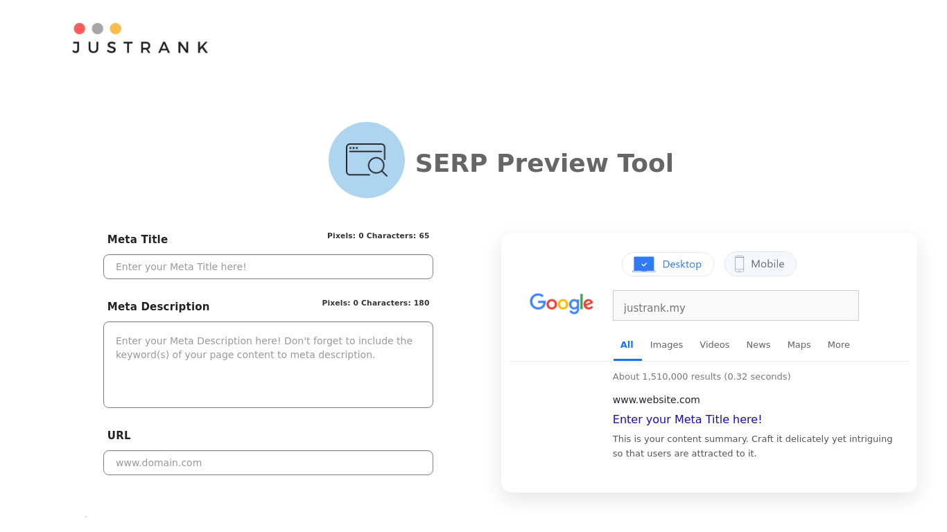 JustRank SERP Snippet Preview Landing page