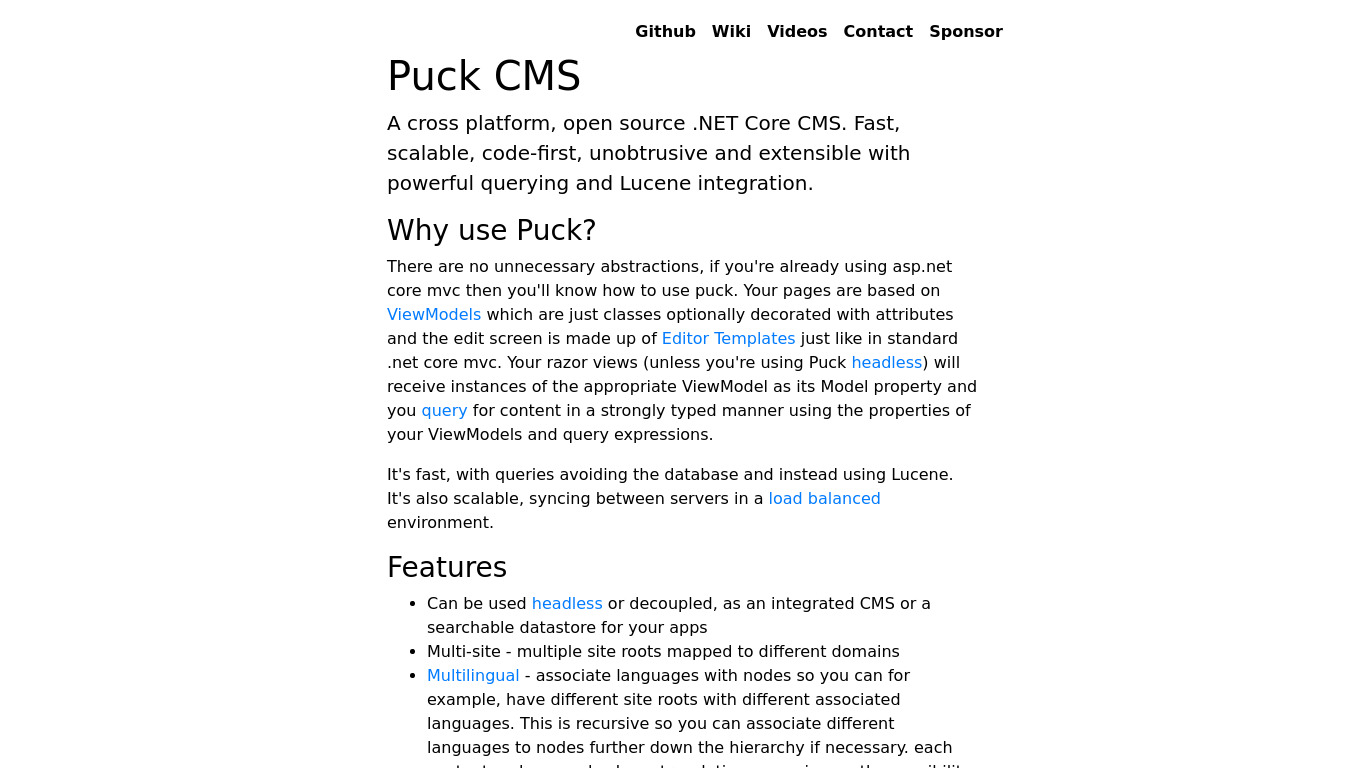 Puck CMS Landing page