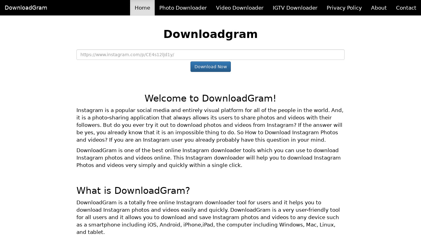 DownloadGram.app Landing page