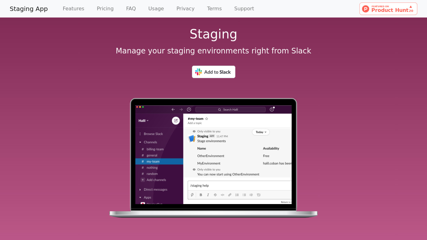 Staging App Landing page