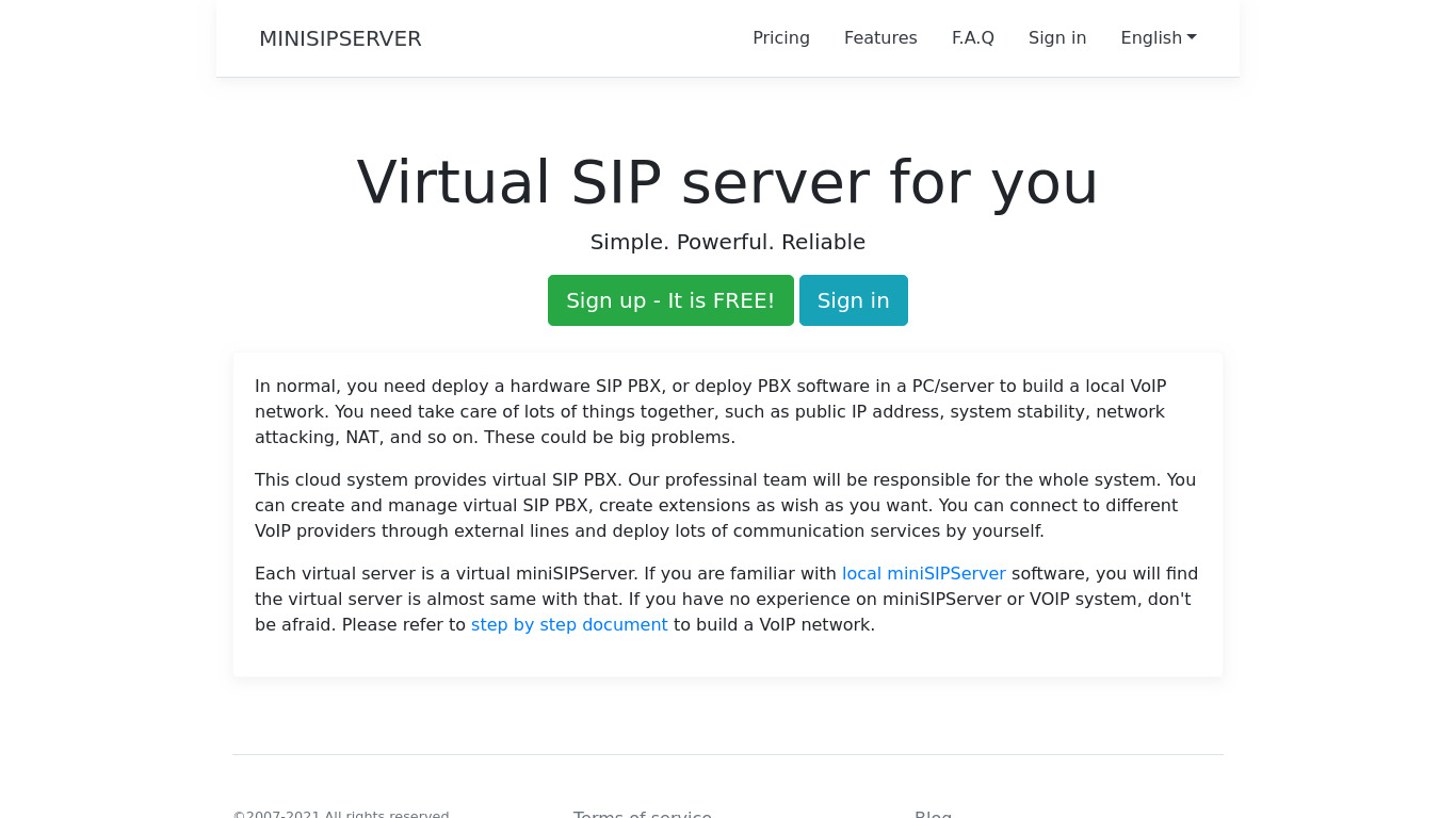 miniSIPServer Landing page
