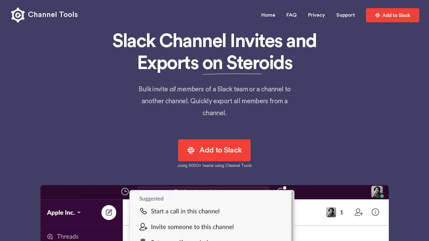 Channel Tools for Slack Landing page