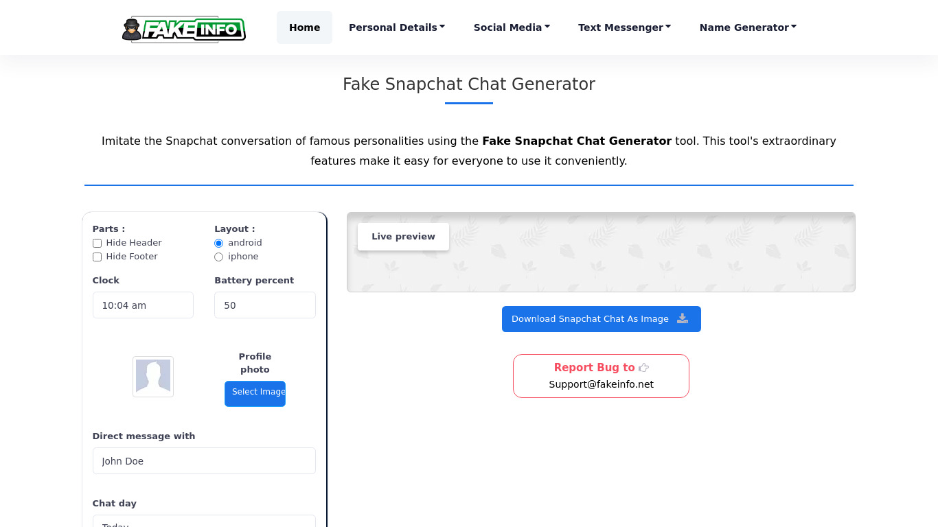 FakeInfo.net Fake Snap Chat Generator Landing page