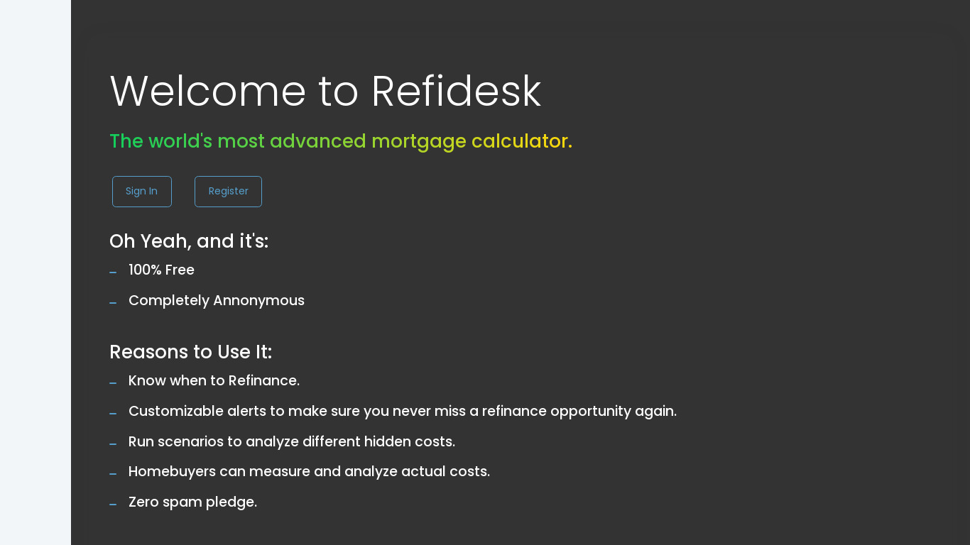 Refidesk Landing page
