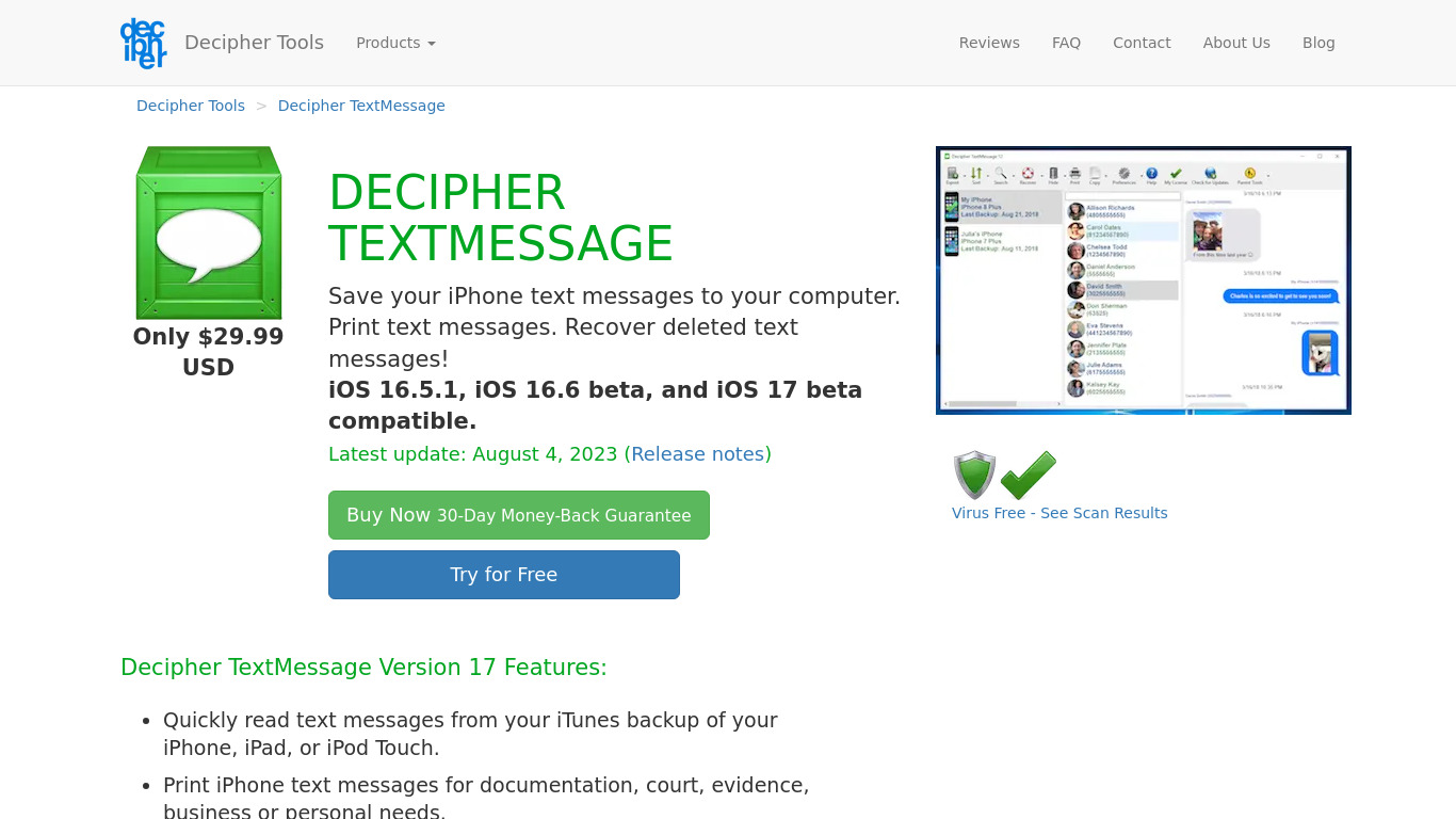 Decipher TextMessage Landing page