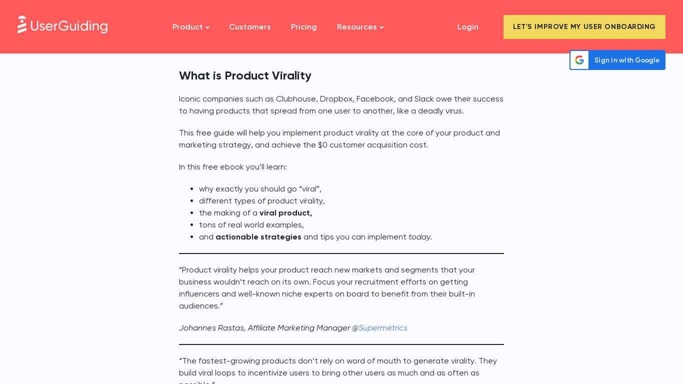 Product Virality Landing page