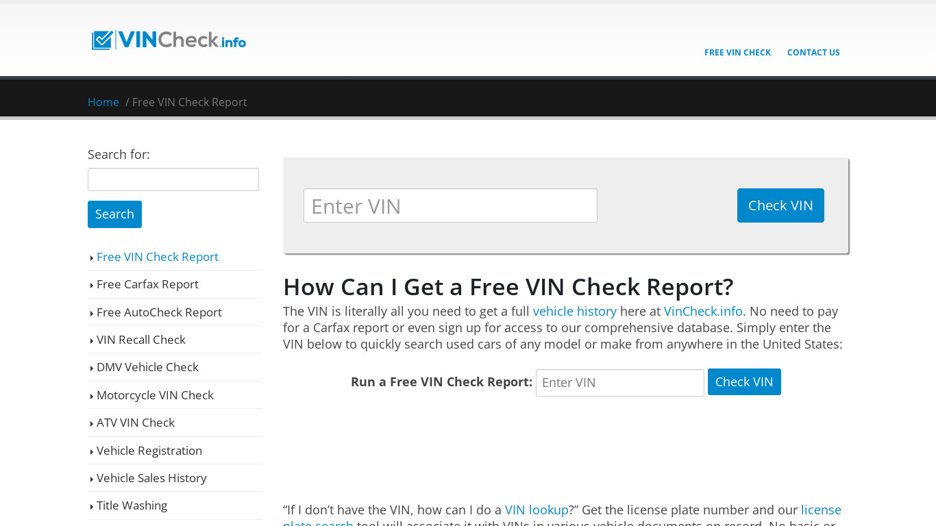 VINCheck Report Landing page