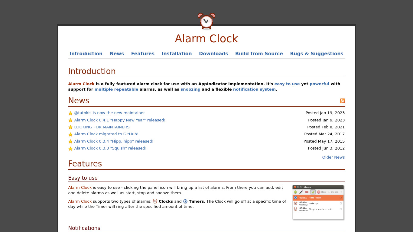 Alarm Clock (applet) Landing page