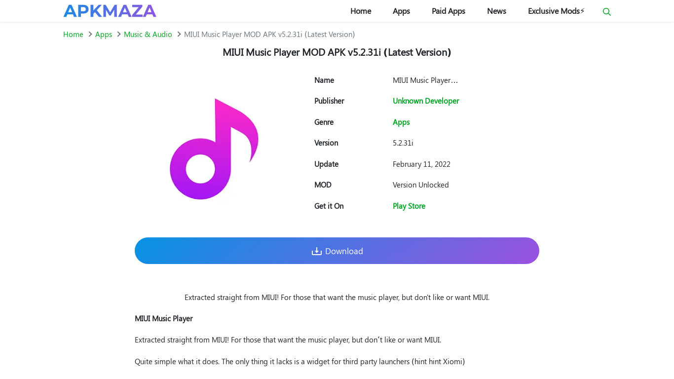 Miui Music Player Landing page