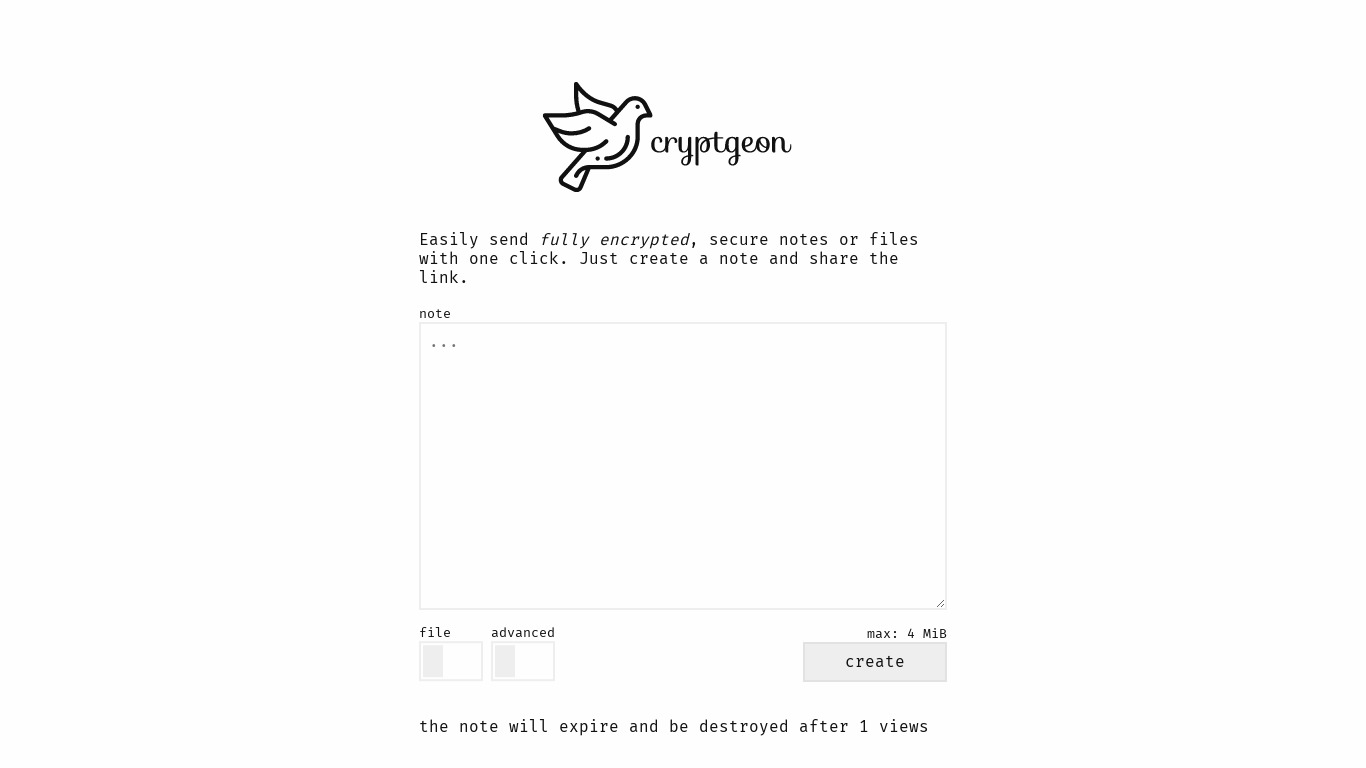Cryptgeon Landing page