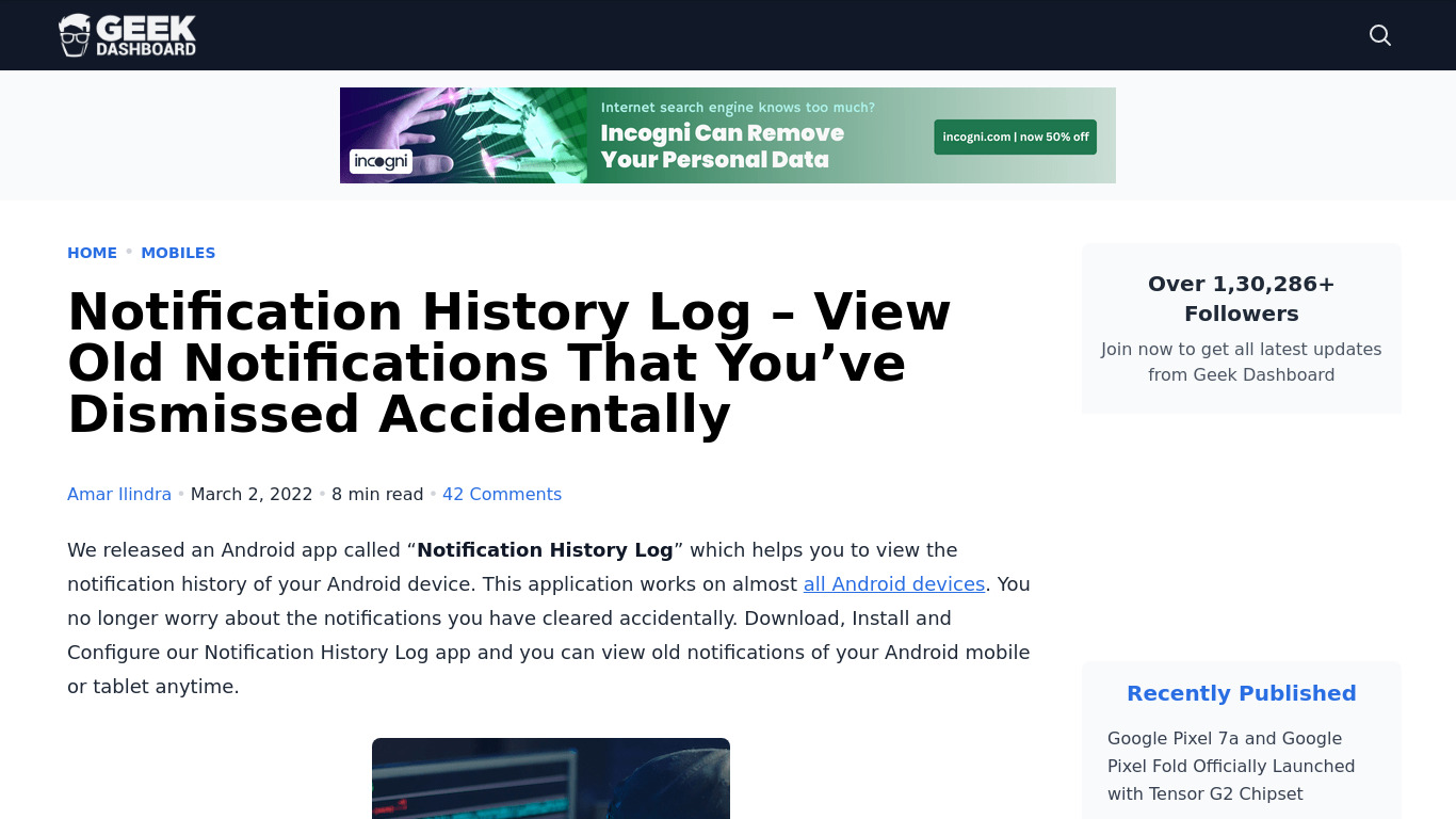 Notification History Log Landing page
