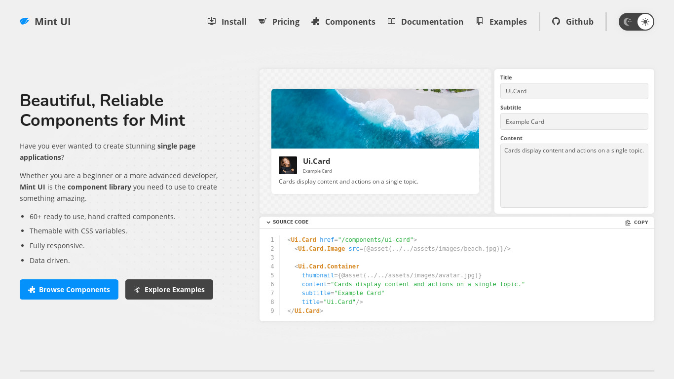 Mint UI Landing page