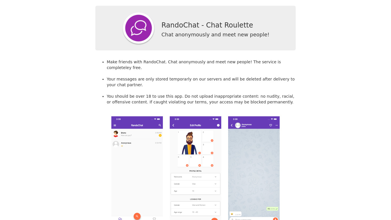 RandoChat Landing page