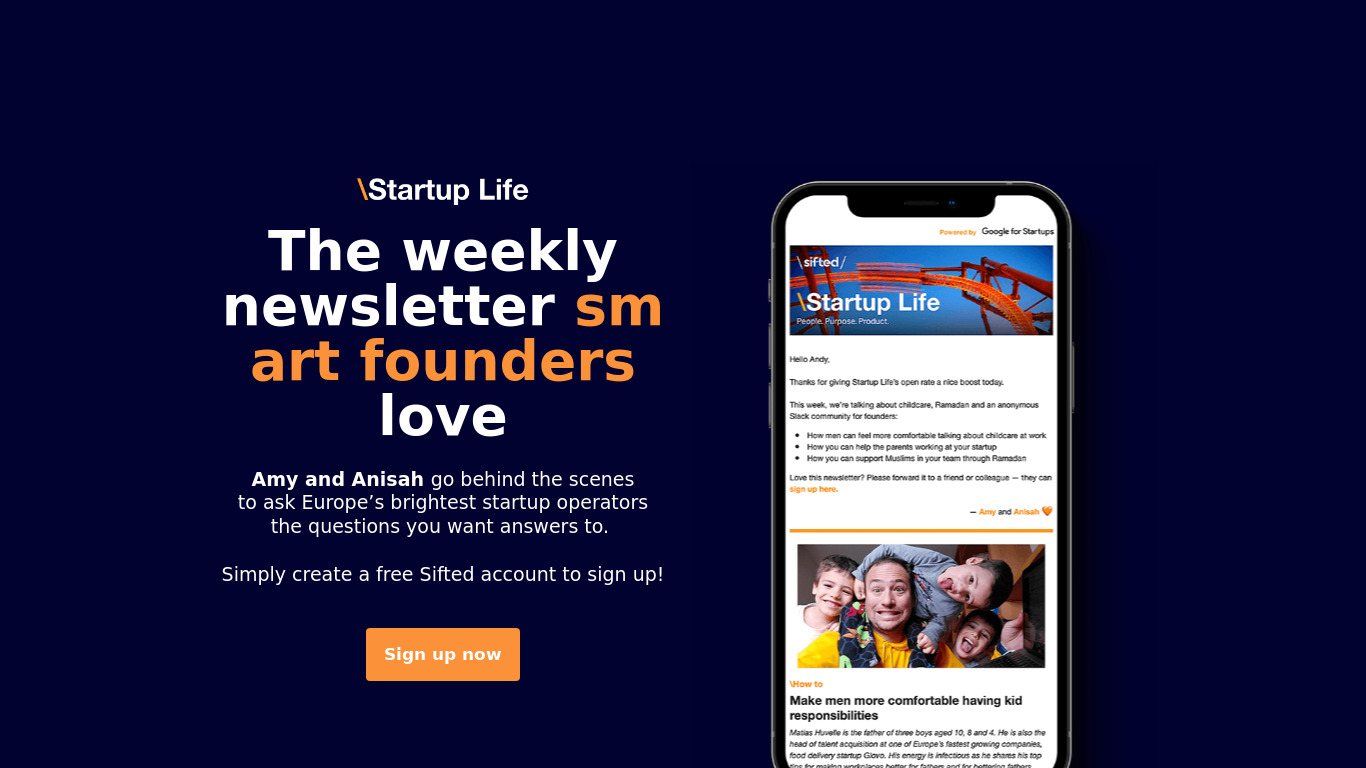 Startup Life by Sifted Landing page