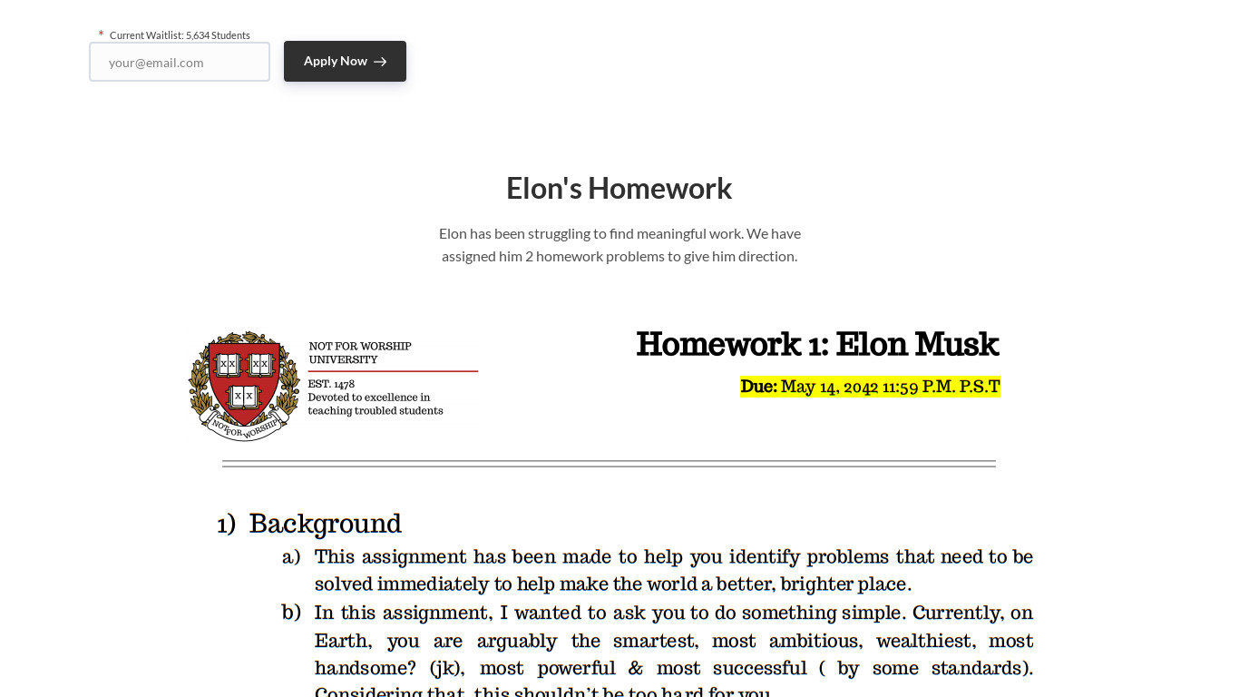 Elon Musk's Homework Landing page