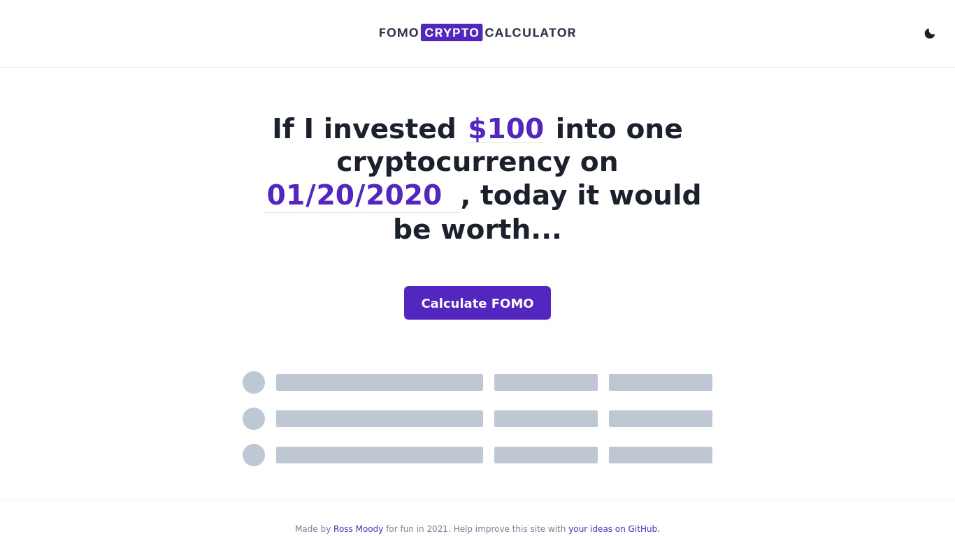Fomo Cryptocurrency Calculator Landing page