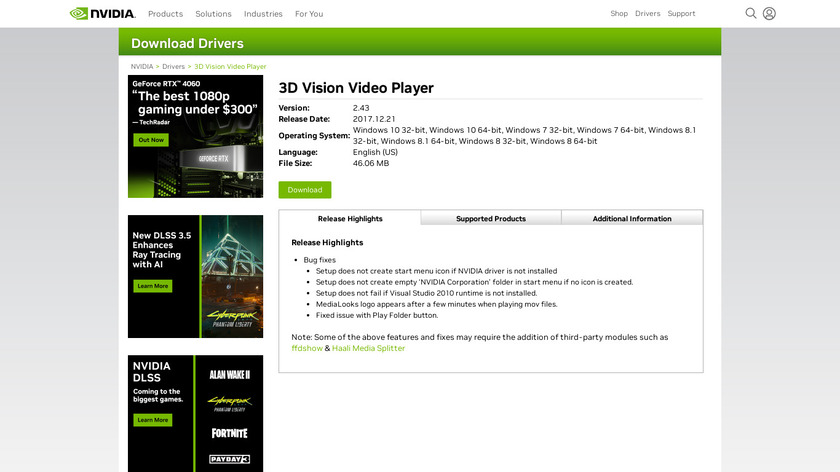 Nvidia 3D Vision Video Player Landing Page