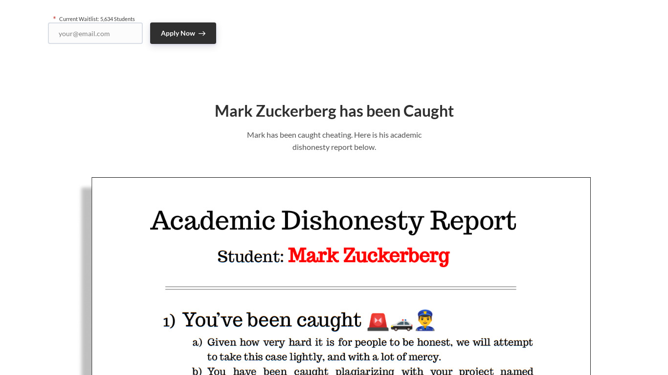 Mark Zuckerberg's Plagiarism Report Landing page