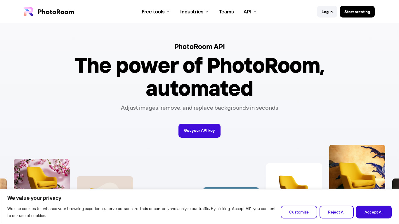 PhotoRoom API Landing page