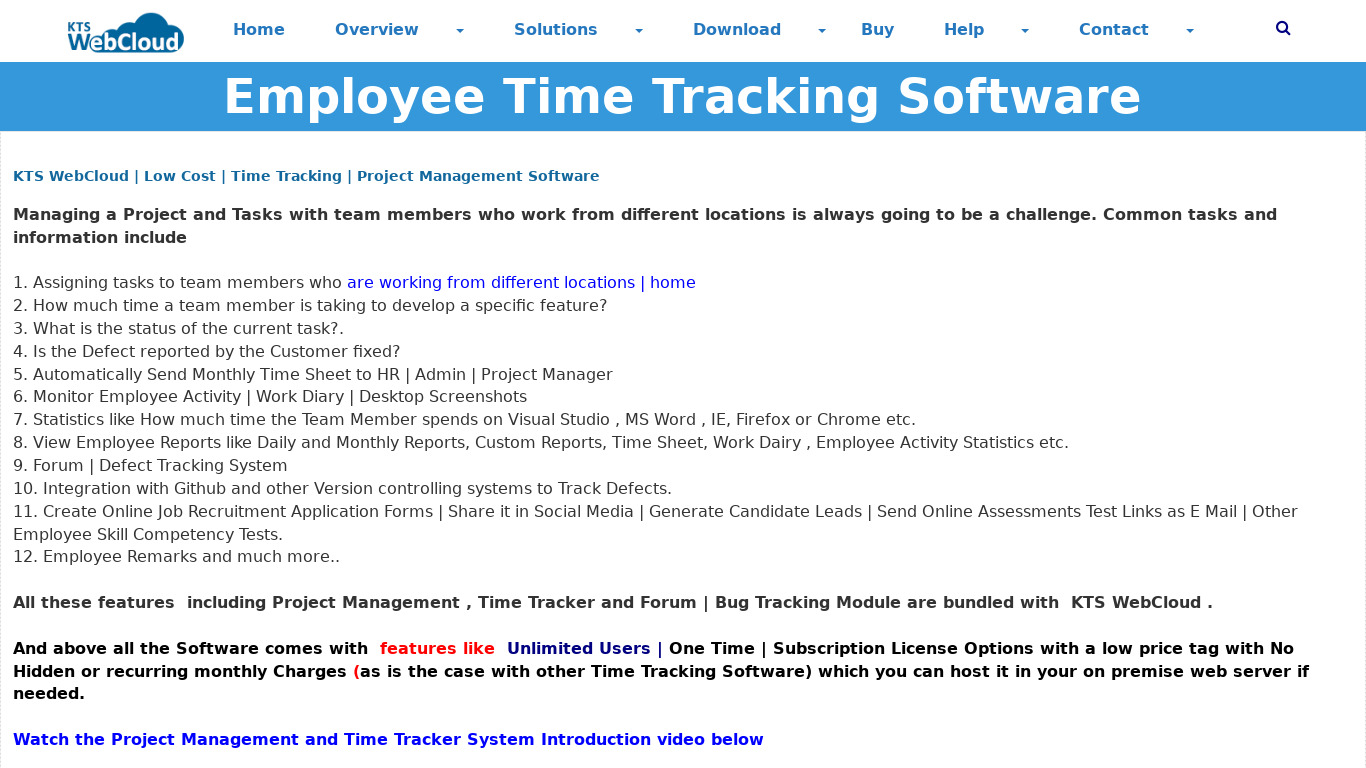 KTS Time Tracking Software Landing page