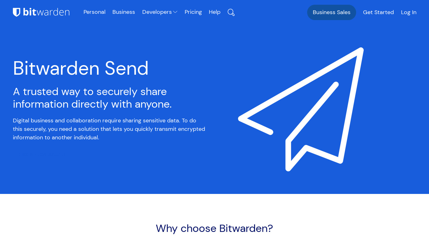 Bitwarden Send Landing page