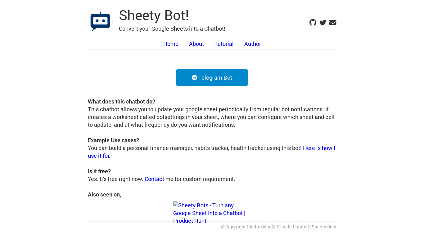 Sheety Bots Landing page