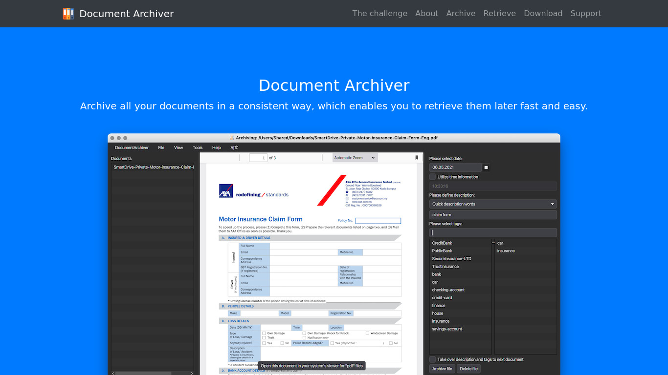 Document Archiver Landing page