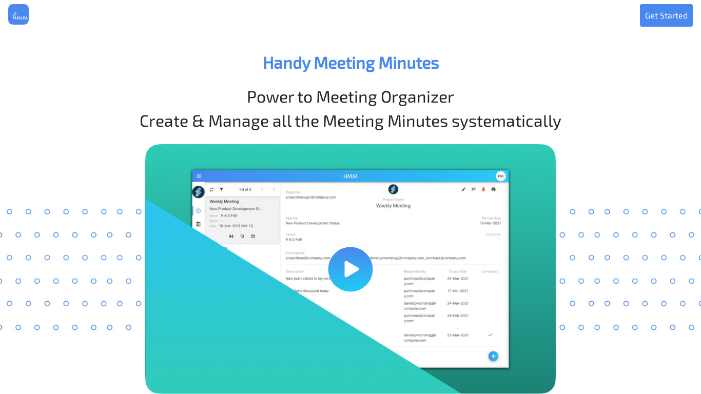 Handy Meeting Minutes Landing page
