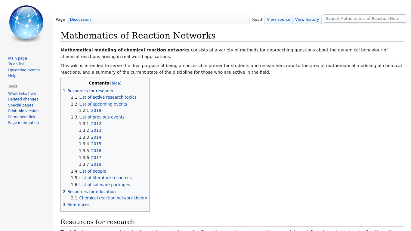 Mathematics of Reaction Networks Landing page