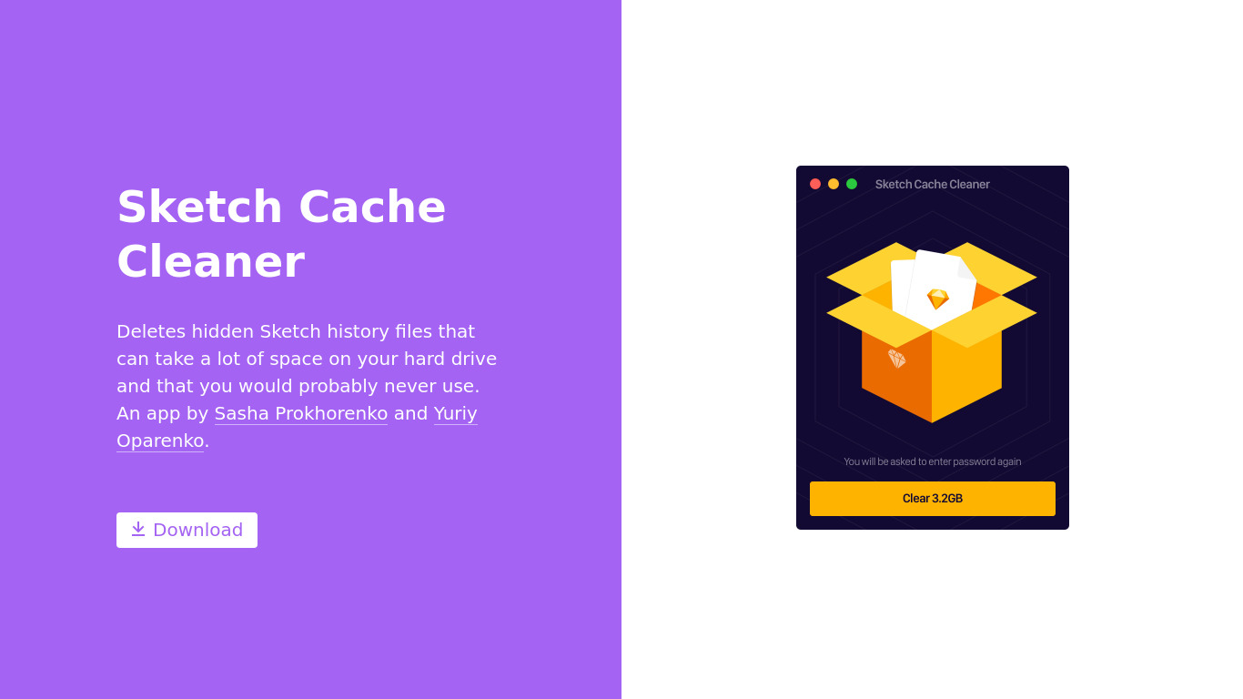 Sketch Cache Cleaner Landing page