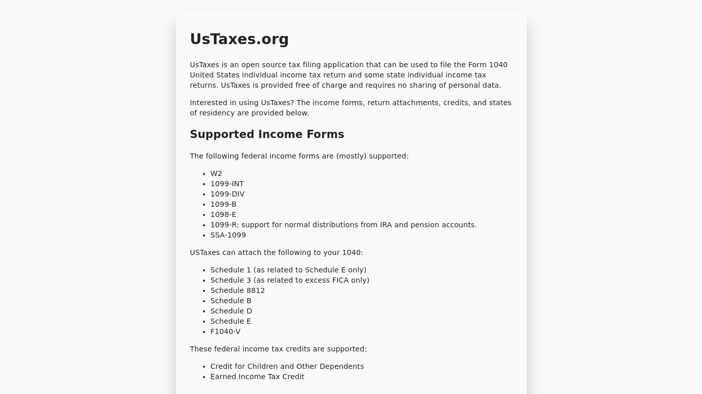 UsTaxes.org Landing page