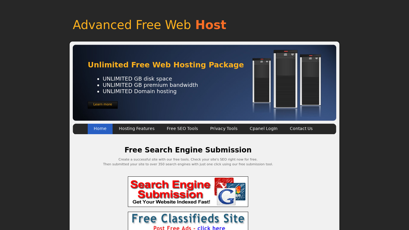Advanced Free Web Host Landing page