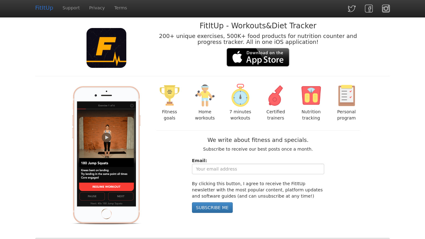 FitItUp: Workouts&Food Tracker Landing page