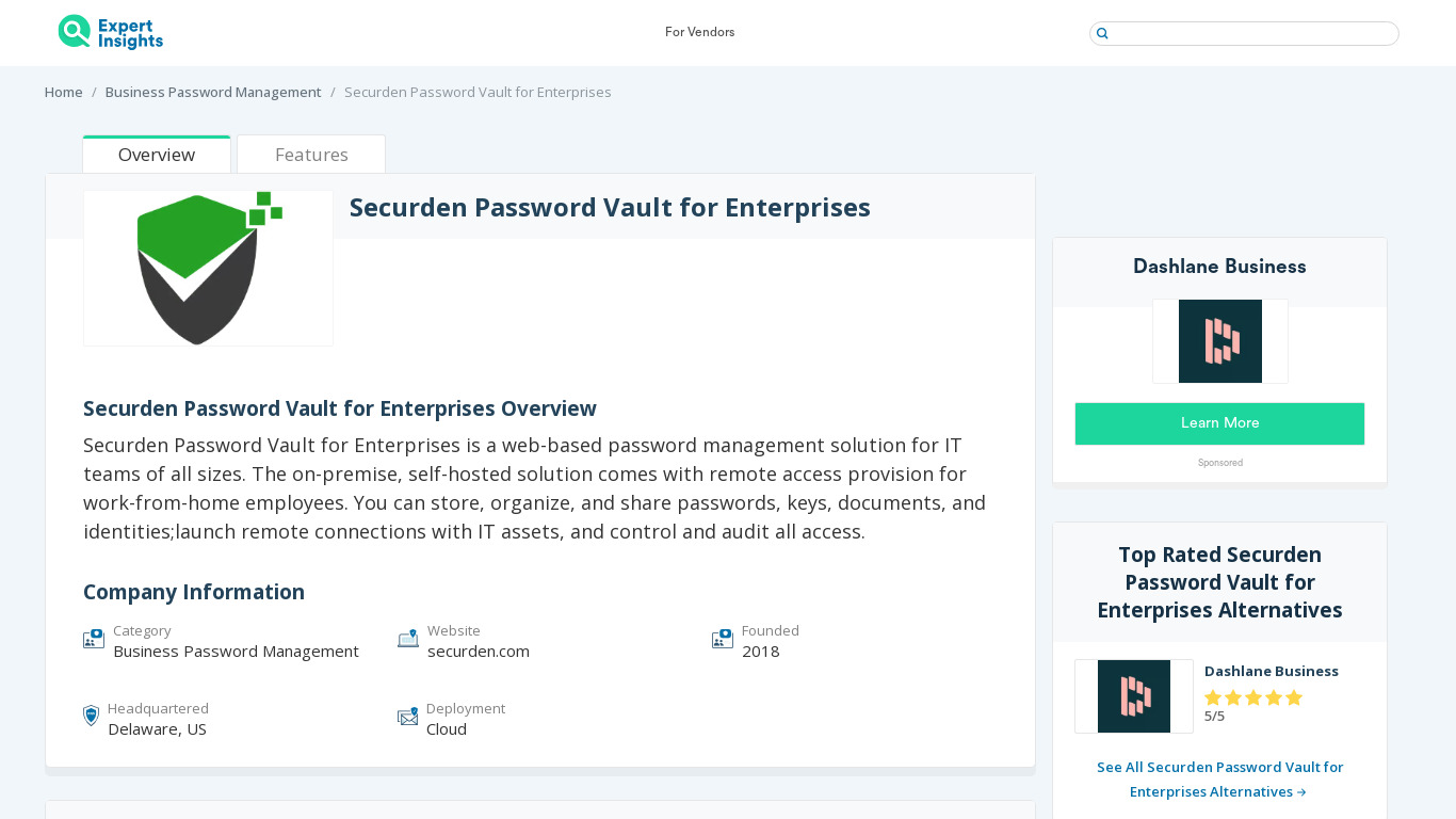 Securden Password Vault for Enterprises Landing page