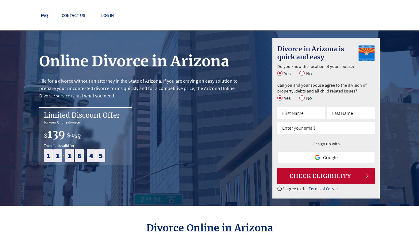 Arizona Online Divorce Landing page