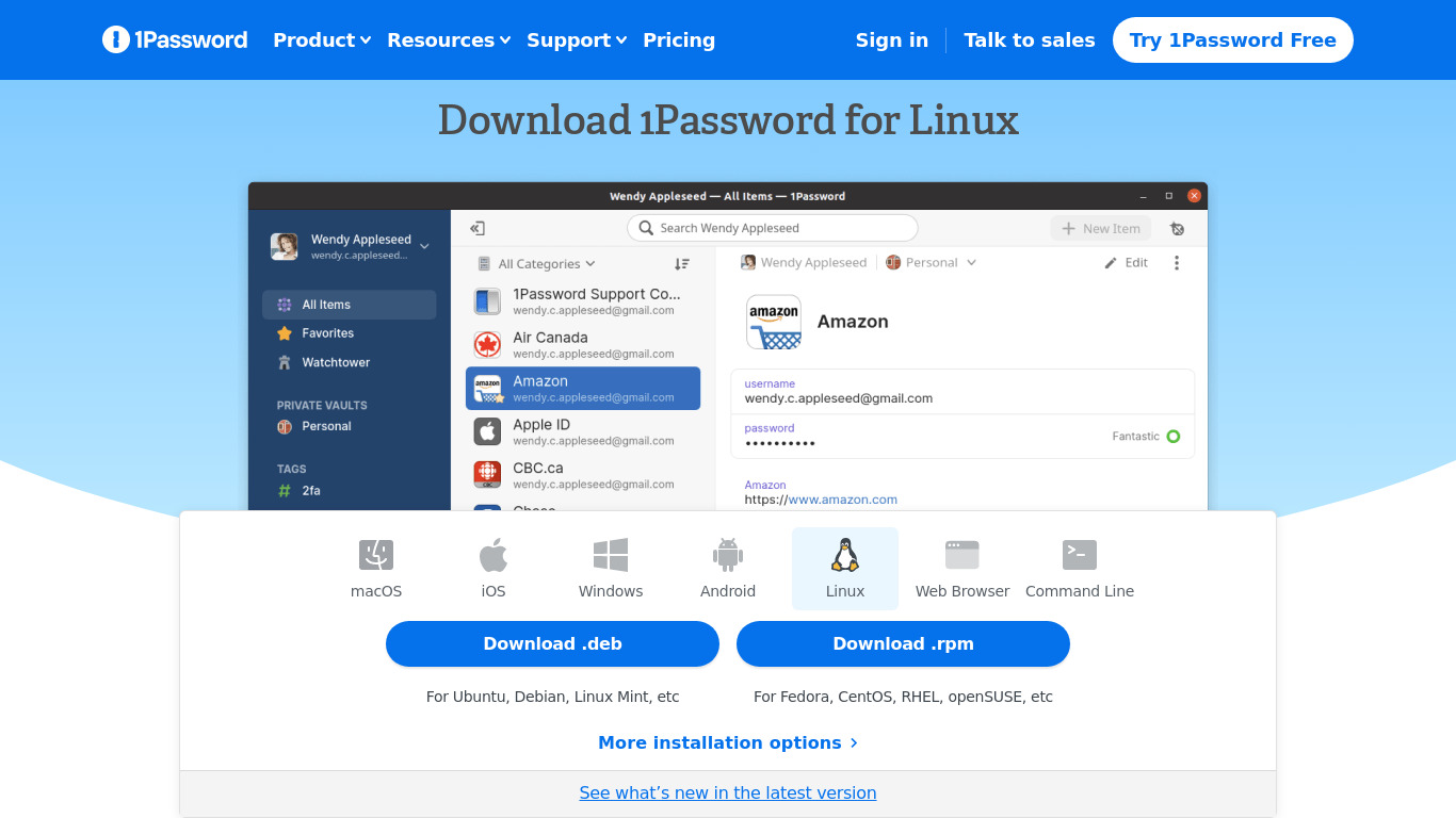 1Password for Linux Landing page