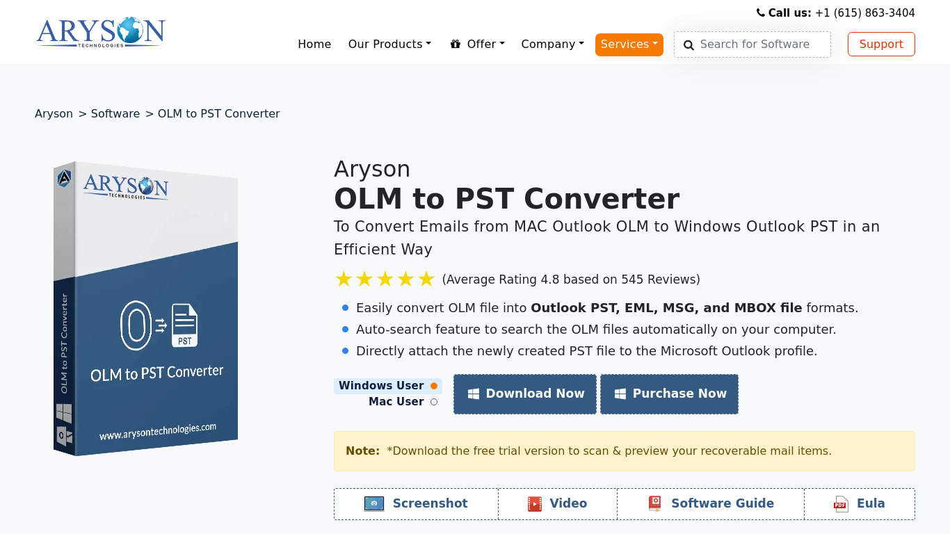 Aryson OLM to PST Converter Landing page