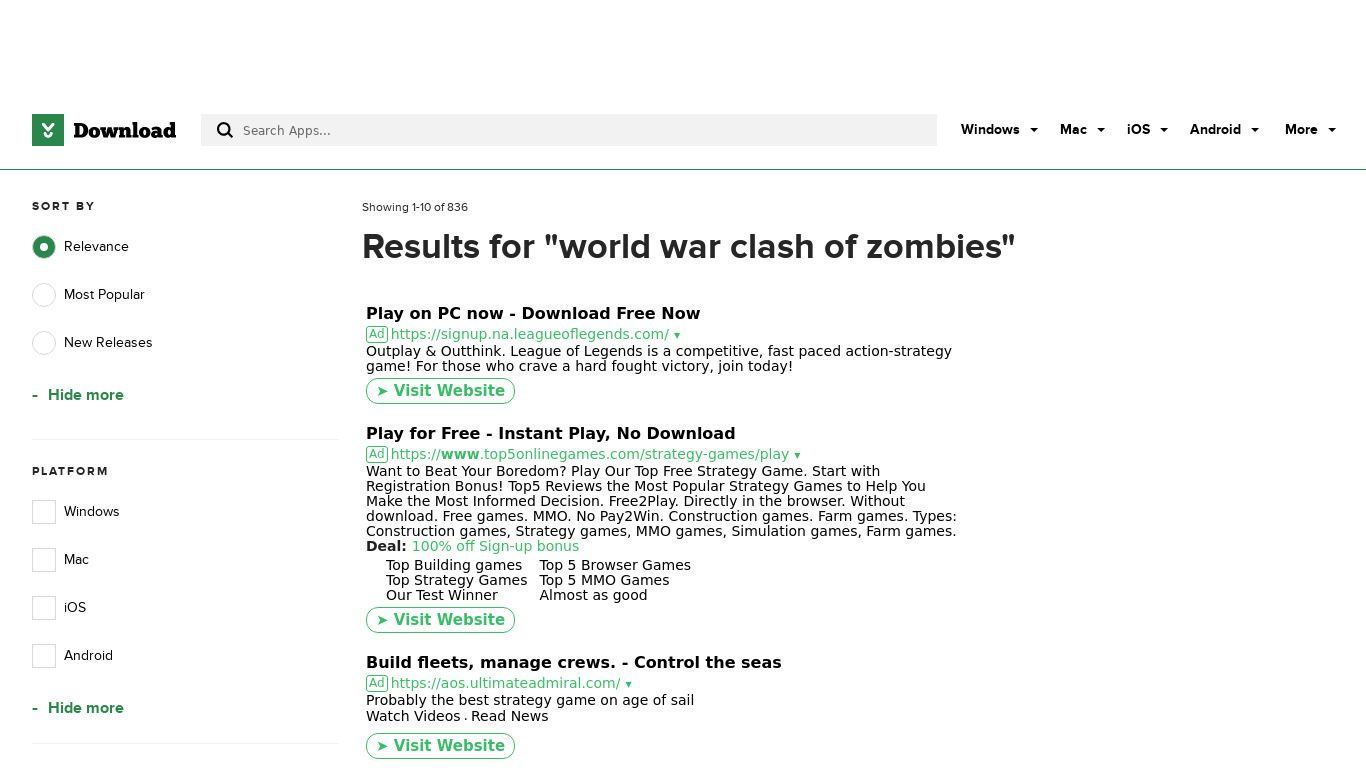 World War: Clash of Zombies Landing page