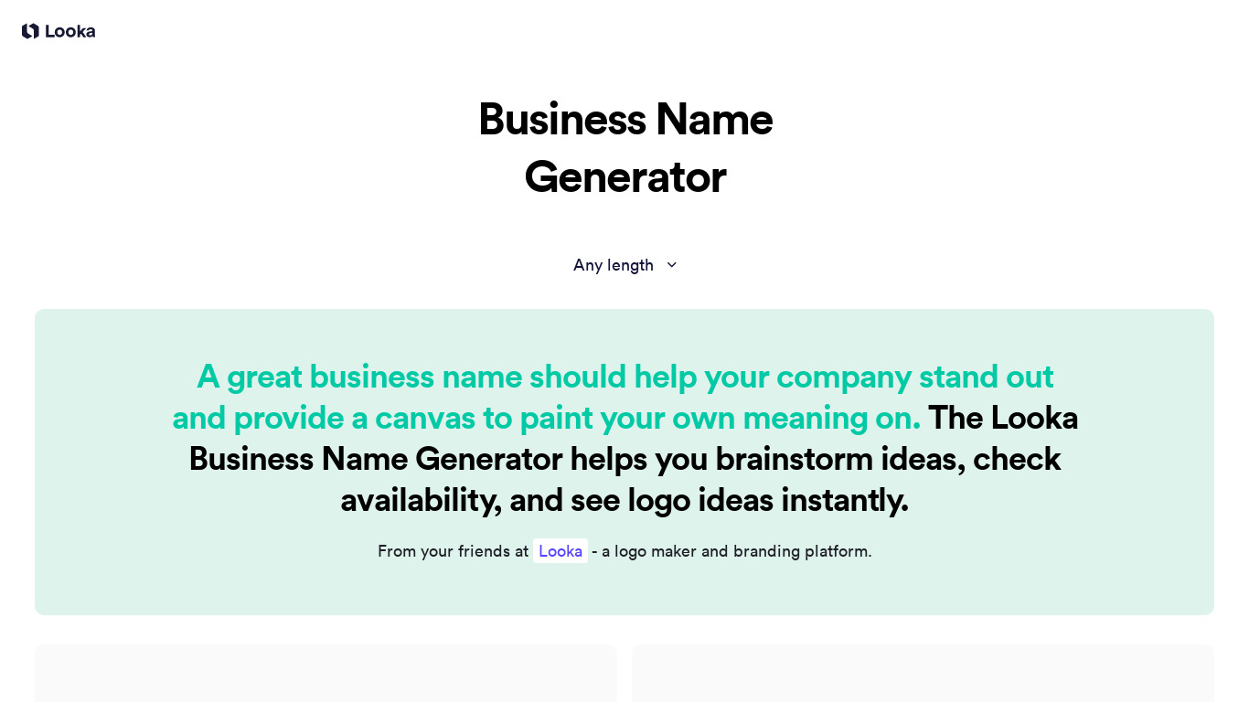 Business Name Generator by Looka Landing page